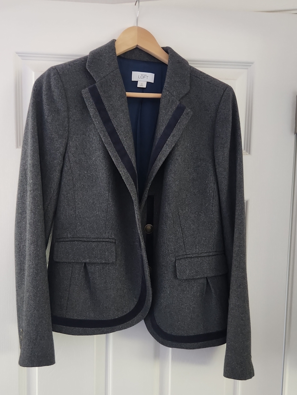 LOFT Gray Blazer with Navy Trim